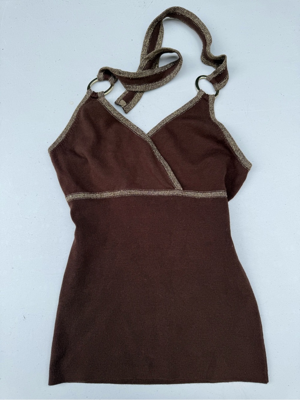 Vintage Brown Halter Knit Tank Top with Metallic Trim - Picture 2 of 4